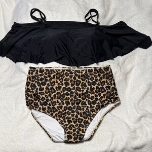 Two-Piece Swim Set with Black Ruffle Top & Leopard High-Waist Bottoms